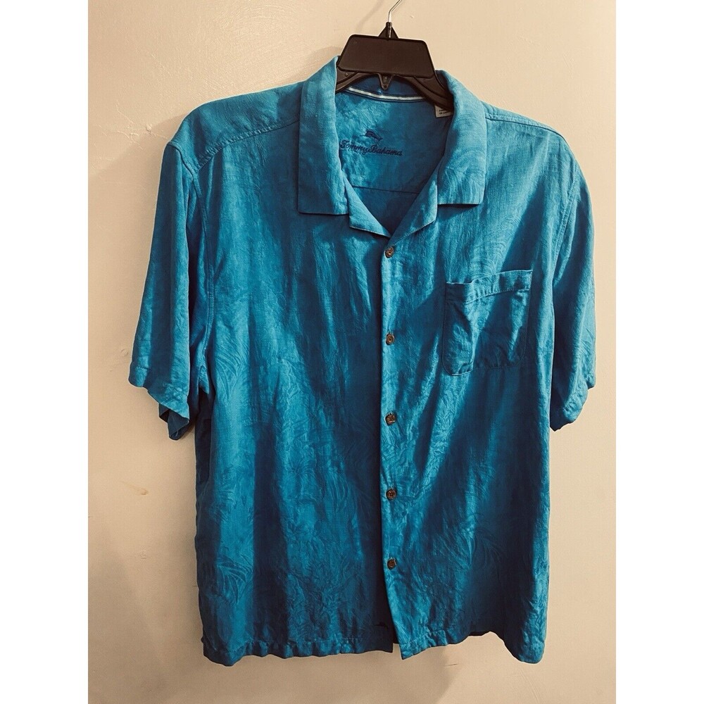 Tommy Bahama Shirt Blue Tropical Palm Leaf Print 100% Silk Short Sleeves Sz XL